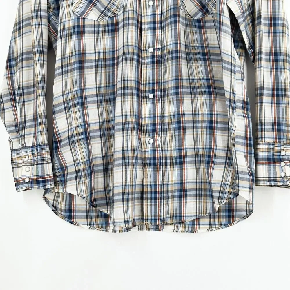 VTG‎ Levi's Men Western Pearl Snap Shirt Medium Plaid Cowboy Ranch Rodeo Retro